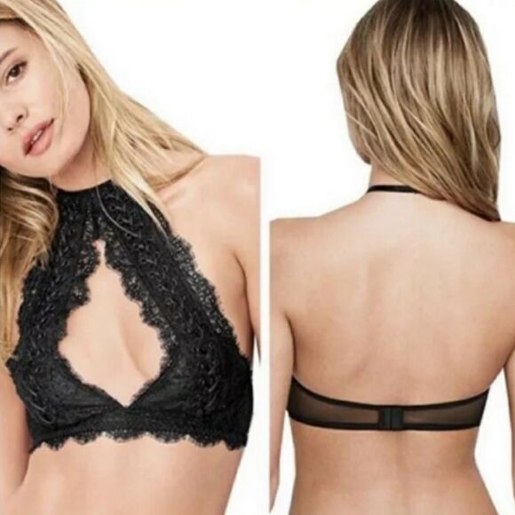 Victoria's Secret Eyelash Lace Mesh Keyhole Front Halter Bralette Black Medium - Picture 2 of 11